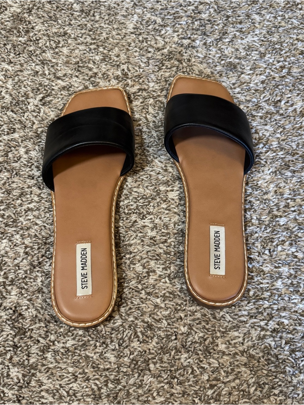 Steve Madden Black Leather Strap Slide Sandals